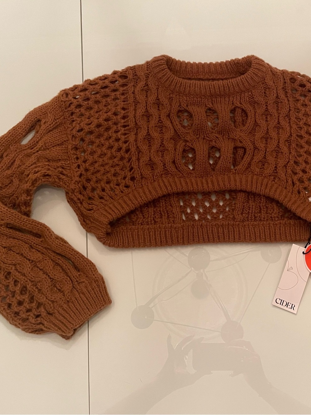 Cider Brown Openwork Cropped Cable-Knit Sweater
